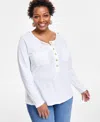 INC INTERNATIONAL CONCEPTS PLUS SIZE BUTTON-FRONT LONG-SLEEVE TOP, CREATED FOR MACY'S