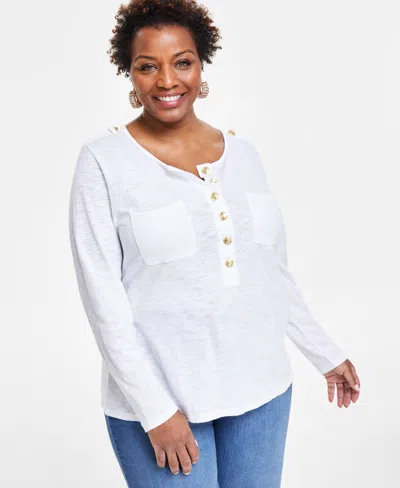 Inc International Concepts Plus Size Button-front Long-sleeve Top, Created For Macy's In Bright White