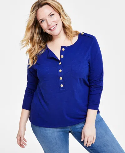 Inc International Concepts Plus Size Button-front Long-sleeve Top, Created For Macy's In Sapphire Crush