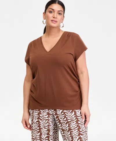 Inc International Concepts Plus Size Cap-sleeve V-neck T-shirt, Macy's Exclusive In Brown