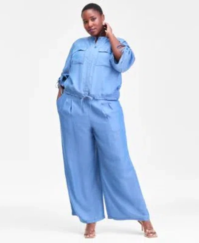 Inc International Concepts Plus Size Chambray Top Wide Leg Pants Earrings Macys Exclusive In Blue