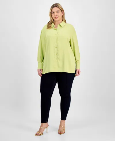 Inc International Concepts Plus Size Collared Split-side Shirt, Exclusively At Macy's In Green
