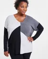 Inc International Concepts Plus Size Colorblocked Sweater, Created For Macy's In Grey Black Combo