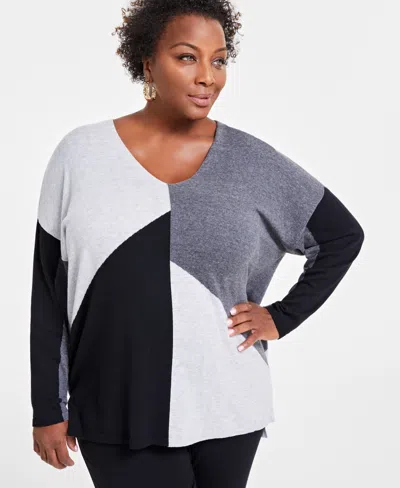 Inc International Concepts Plus Size Colorblocked Sweater, Created For Macy's In Grey Black Combo