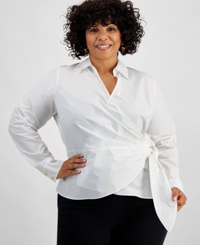 Inc International Concepts Plus Size Linen-blend Tied Surplice Top, Exclusively At Macy's In Bright White