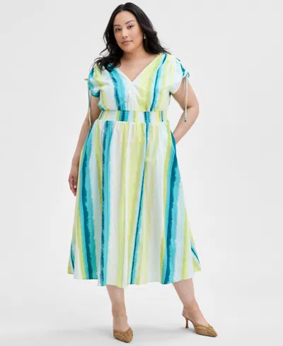 Inc International Concepts Plus Size Cotton Drawstring-sleeve Midi Dress, Exclusively At Macy's In Layla Stripe