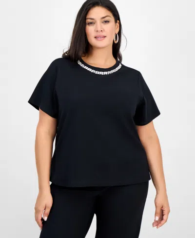 Inc International Concepts Plus Size Cotton Embellished-neck Top, Macy's Exclusive In Black