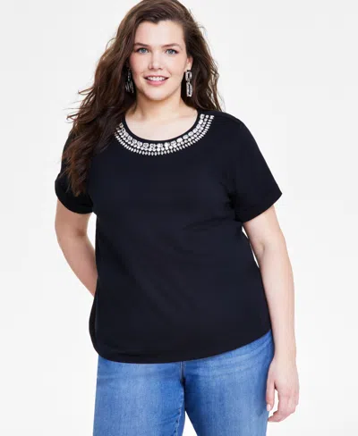 Inc International Concepts Plus Size Cotton Embellished Tee, Created For Macy's In Black