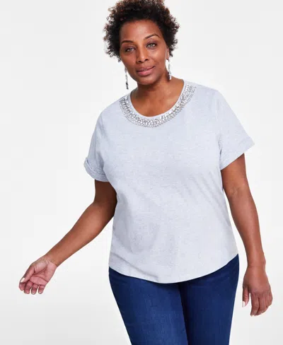 Inc International Concepts Plus Size Cotton Embellished Tee, Created For Macy's In Heather Belle Grey