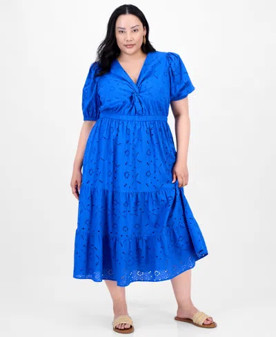 Inc International Concepts Plus Size Cotton Eyelet Twist-front Tiered Dress, Exclusively At Macy's