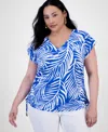 Inc International Concepts Plus Size Cotton Fern-print Top, Exclusively At Macy's In Blue
