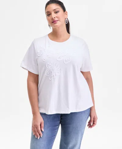 Inc International Concepts Plus Size Cotton Floral-soutache Top, Macy's Exclusive In White