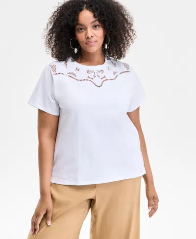 Inc International Concepts Plus Size Cotton Lattice-inset Top, Exclusively At Macy's