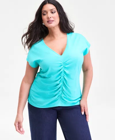Inc International Concepts Plus Size Cotton Ruched Top, Macy's Exclusive In Blue