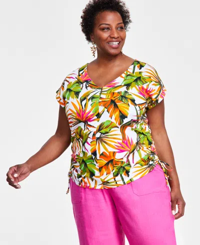 Inc International Concepts Plus Size Cotton Side-tie Top, Created For Macy's In Tropical Garden