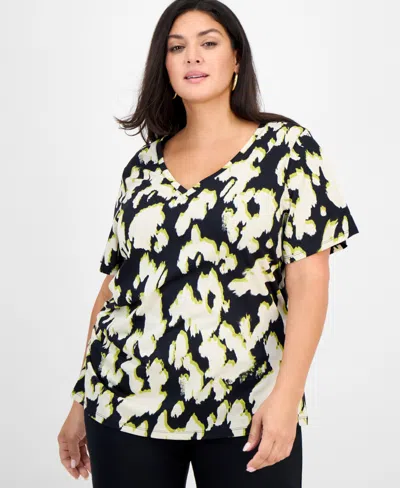 Inc International Concepts Plus Size Cotton V-neck Short-sleeve Top, Macy's Exclusive