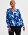 Inc International Concepts Plus Size Printed Long-sleeve Top, Exclusively At Macy's In Delia Dye