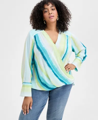 Inc International Concepts Plus Size Cuffed Surplice Blouse, Exclusively At Macy's In Layla Stripe