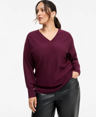Inc International Concepts Plus Size Double V V-neck Dolman Sweater, Macy's Exclusive In Berry Wine