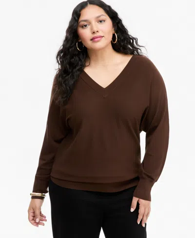 Inc International Concepts Plus Size Double V V-neck Dolman Sweater, Macy's Exclusive In Dark Roast
