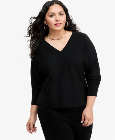 Inc International Concepts Plus Size Double V V-neck Dolman Sweater, Macy's Exclusive In Deep Black