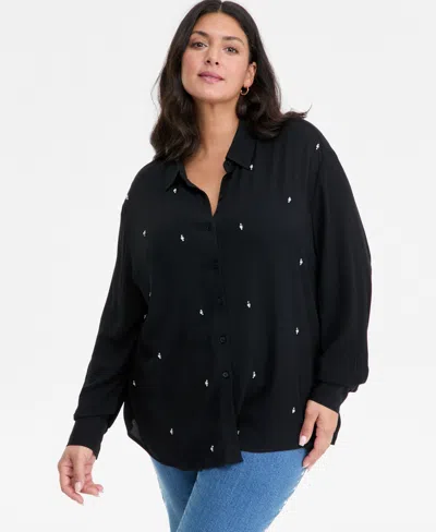 Inc International Concepts Plus Size Embellished-front Shirt, Macy's Exclusive In Black