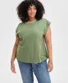 Inc International Concepts Plus Size Embellished-neck Cotton T-shirt, Exclusively At Macy's In Olivine