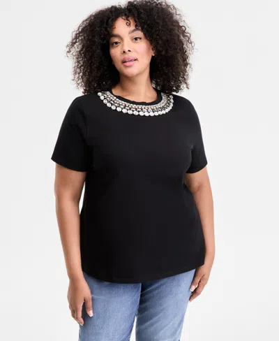 Inc International Concepts Plus Size Embellished-neck Cotton Top, Exclusively At Macy's