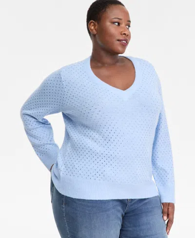 Inc International Concepts Plus Size Embellished V-neck Sweater, Macy's Exclusive In Blue