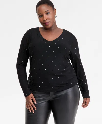 Inc International Concepts Plus Size Embellished V-neck Top, Macy's Exclusive In Black