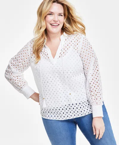 Inc International Concepts Plus Size Eyelet Tie-neck Blouse, Created For Macy's In Bright White