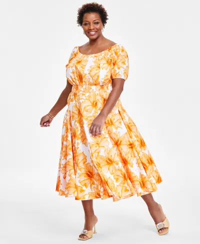 Inc International Concepts Plus Size Floral-print Smocked Midi Dress, Created For Macy's In Maya Garden Mango