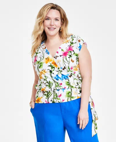 Inc International Concepts Plus Size Floral Print Surplice Tie-hem Top, Created For Macy's In Risa Blooms