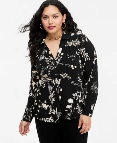 Inc International Concepts Plus Size Floral-print Johnny Collar Knit Blouse, Macy's Exclusive In Johanna Bouquet