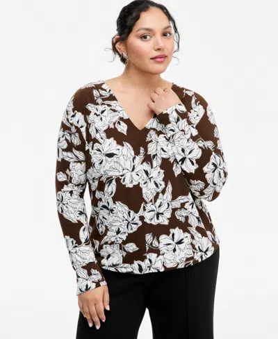 Inc International Concepts Plus Size Floral-print Pleated V-neck Long-sleeve Top, Macy's Exclusive In Brown