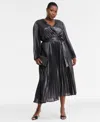 Inc International Concepts Plus Size Foil-print Pleated Maxi Dress, Macy's Exclusive In Gray