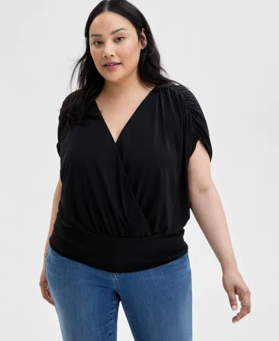 Inc International Concepts Inc Plus Size Printed Ruched Surplice-neck Top, Exclusively At Macy's In Petra Texture Cream