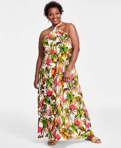 Inc International Concepts Plus Size Linen-blend Halter Maxi Dress, Created For Macy's In Tropical Garden White