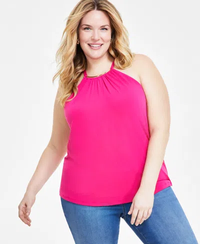 Inc International Concepts Plus Size Hardware-trim Halter Top, Created For Macy's In Pink Dragonfruit