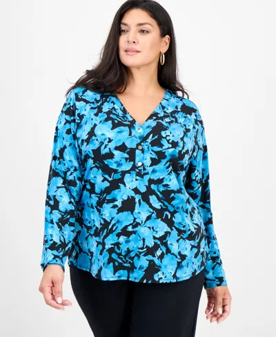 Inc International Concepts Plus Size Henley V-neck Top, Macy's Exclusive In Blue