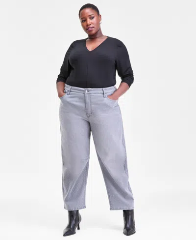 Inc International Concepts Plus Size High Rise Rhinestone Barrel-leg Jeans, Macy's Exclusive In Gray