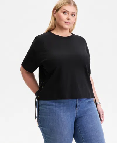 Inc International Concepts Plus Size Lace-up-side Cotton T-shirt, Macy's Exclusive In Black