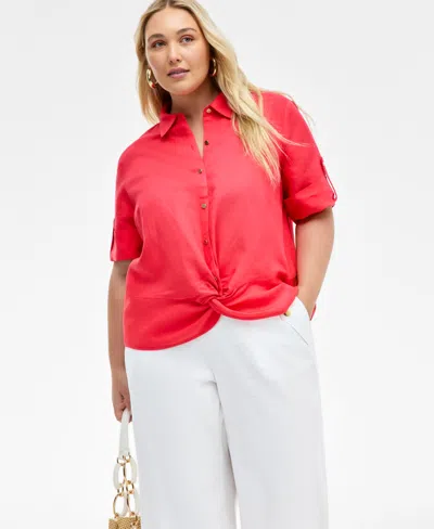 Inc International Concepts Plus Size Linen-blend Twist-hem Shirt, Exclusively At Macy's In Red