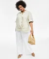 Inc International Concepts Plus Size Linen-blend Twist-hem Shirt, Exclusively At Macy's In Neutral