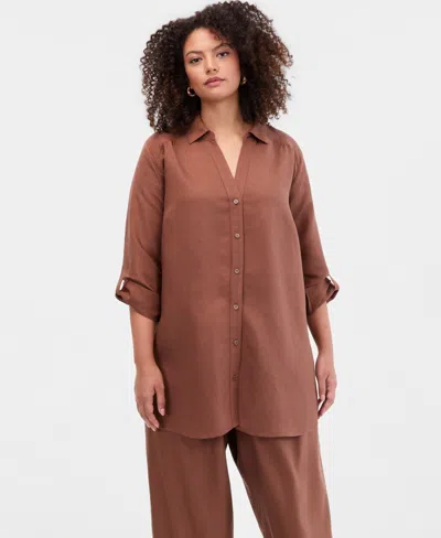 Inc International Concepts Plus Size Linen-blend Tunic, Exclusively At Macy's In Brown