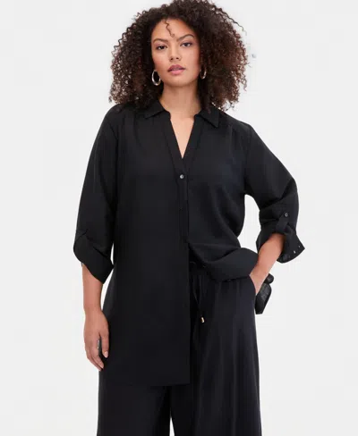 Inc International Concepts Plus Size Linen-blend Tunic, Exclusively At Macy's In Black