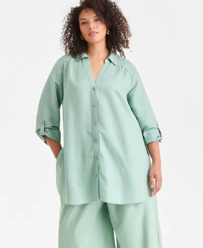 Inc International Concepts Plus Size Linen-blend Tunic, Exclusively At Macy's In Green