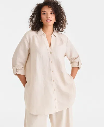 Inc International Concepts Plus Size Linen-blend Tunic, Exclusively At Macy's In Neutral