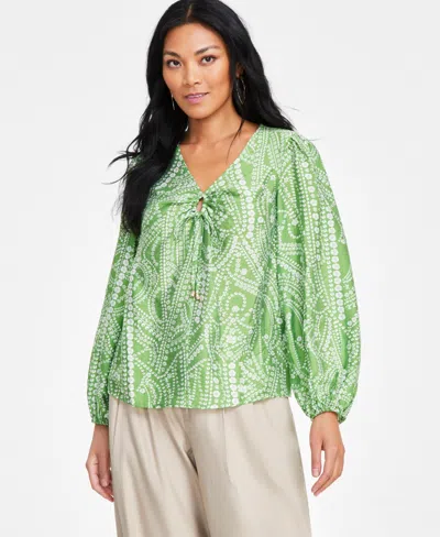 Inc International Concepts Plus Size Long-sleeve Keyhole Blouse, Exclusively At Macy's In Garden Pat