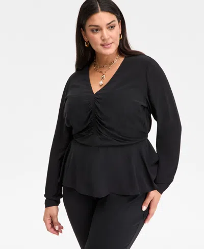 Inc International Concepts Plus Size Long-sleeve Peplum Top, Macy's Exclusive In Black